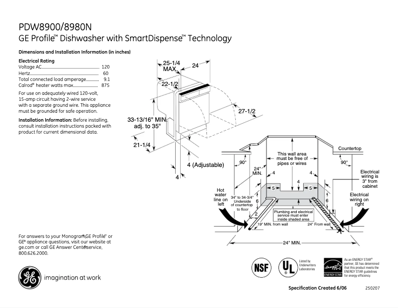 Page 1 of the manual Technical Sheet GE Profile PDW8900NBB