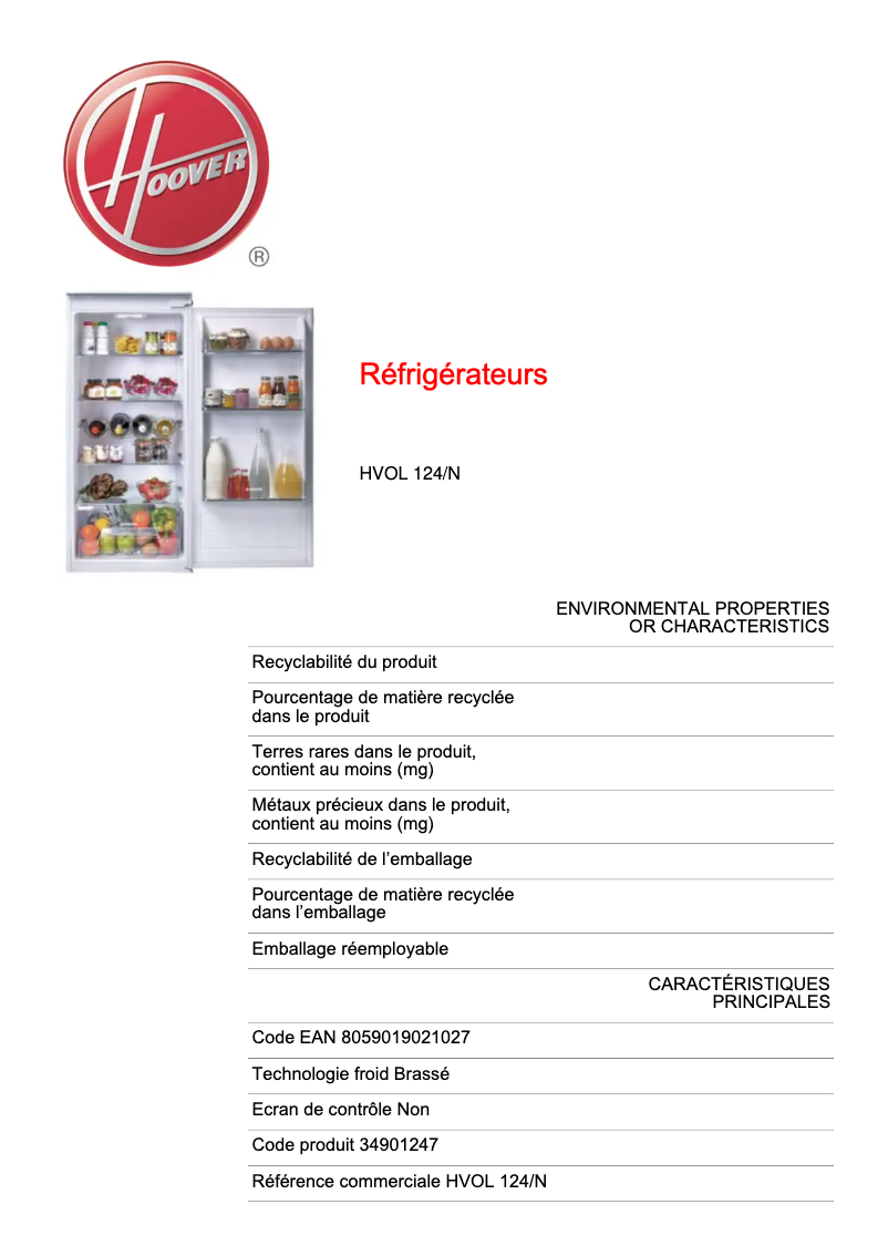 Page 1 de la notice Fiche technique Hoover HVOL 124