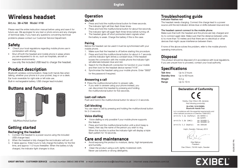 Page 1 de la notice Manuel utilisateur Exibel H18
