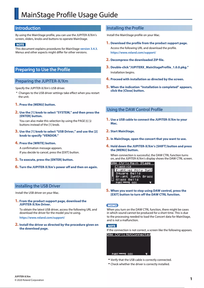 Page 1 de la notice Manuel d'utilisation et d'entretien Roland Jupiter-X