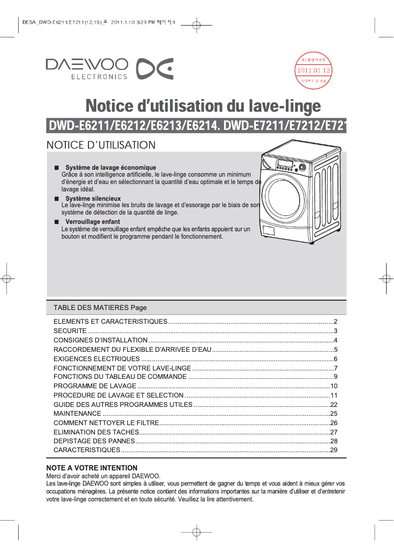 Page n°1 - Manuel utilisateur Daewoo DWD-E6211