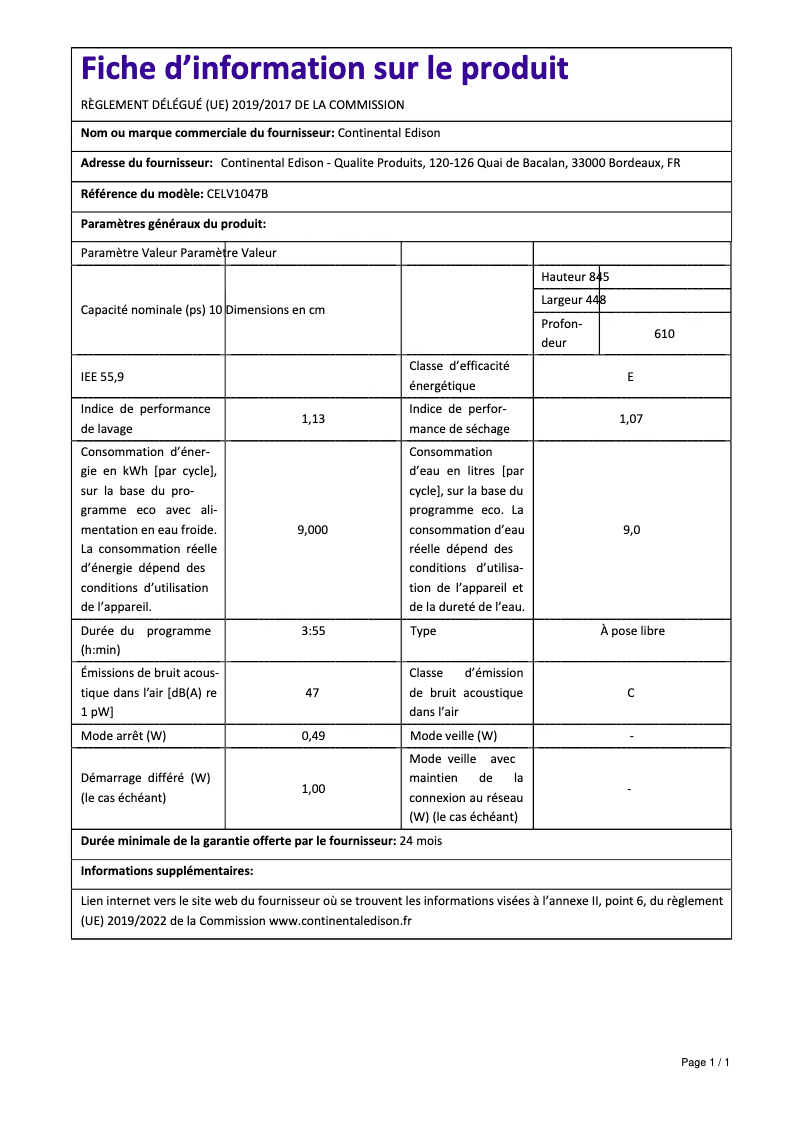 Image de la première page du manuel de l'appareil CELV1047B