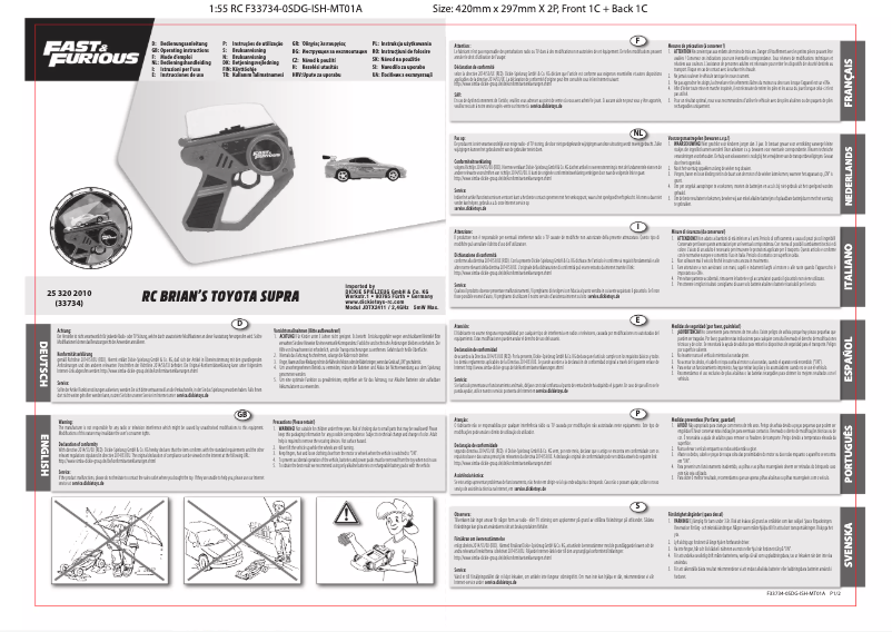 Page 1 de la notice Manuel utilisateur Jada Fast & Furious RC Brian's Toyota Supra