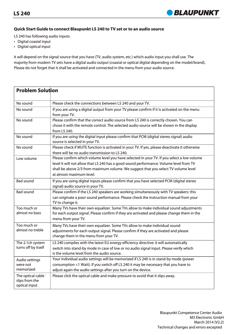 Page n°1 - Guide d'installation Blaupunkt LS 240-1