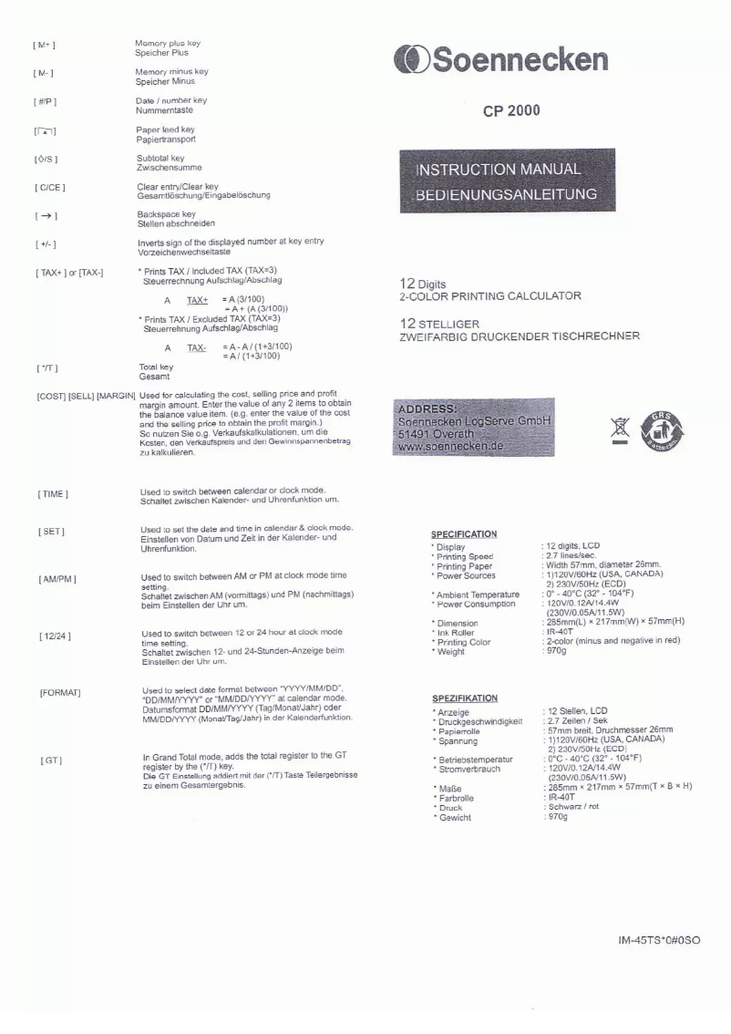 Page n°1 - Manuel utilisateur Soennecken CP2000