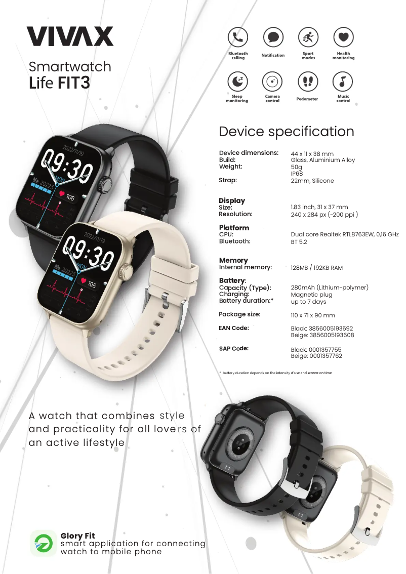 Page 1 de la notice Manuel utilisateur Vivax Life FIT3
