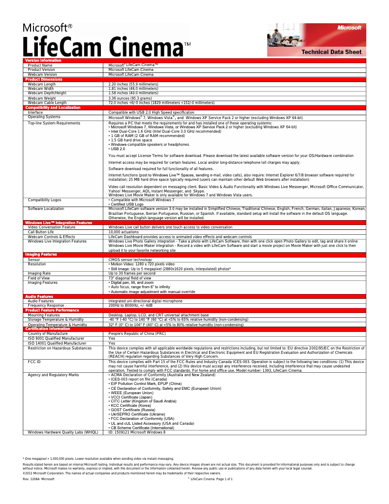 Page 1 de la notice Brochure Microsoft LifeCam Cinema H5D-00003