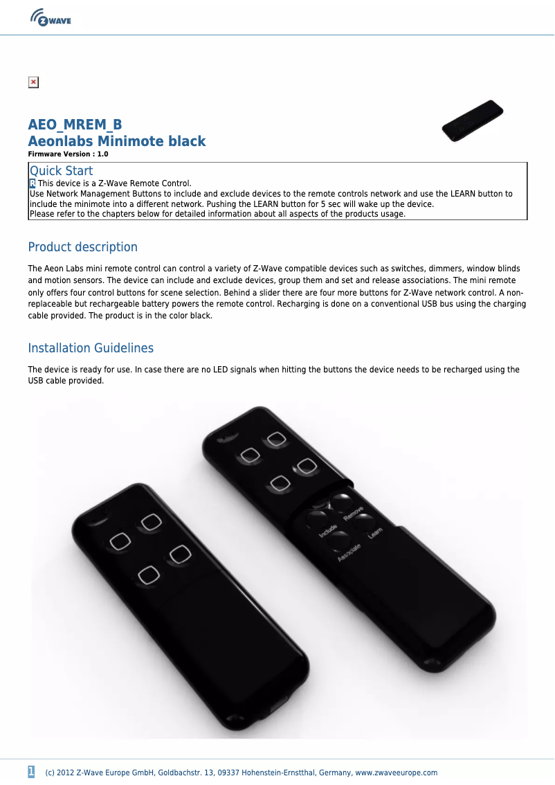 Page n°1 - Manuel utilisateur Aeon Labs Minimote black