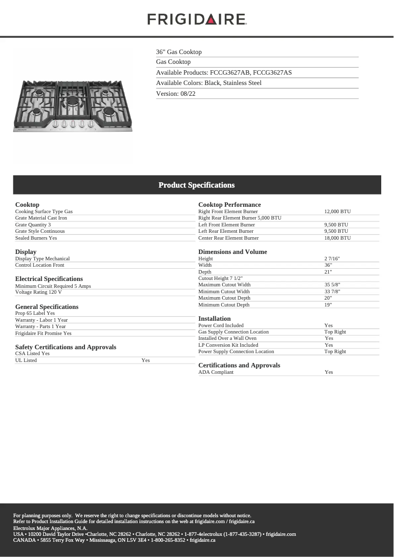 Page 1 de la notice Fiche technique Frigidaire FCCG3627AS