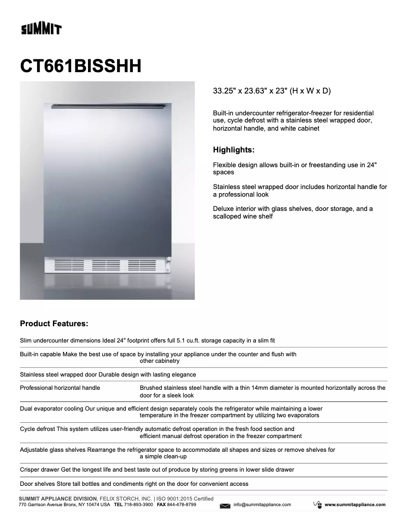 Page 1 of the manual Technical Sheet Summit CT661BIHH