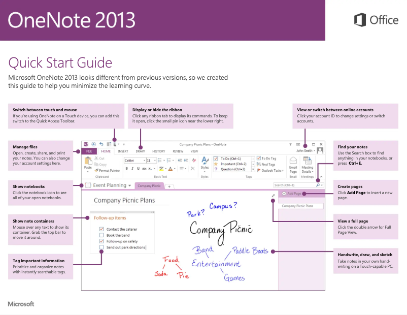Image de la première page du manuel de l'appareil OneNote 2013