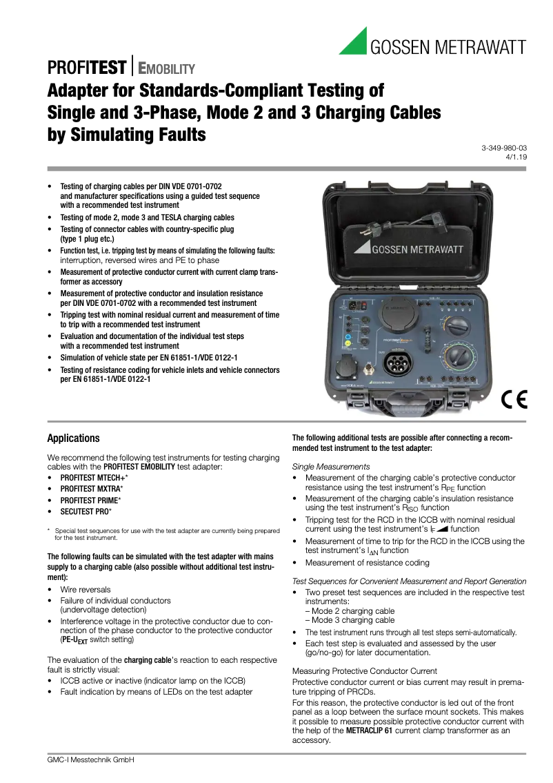 Page 1 de la notice Fiche technique Gossen Metrawatt PROFITEST E-MOBILITY