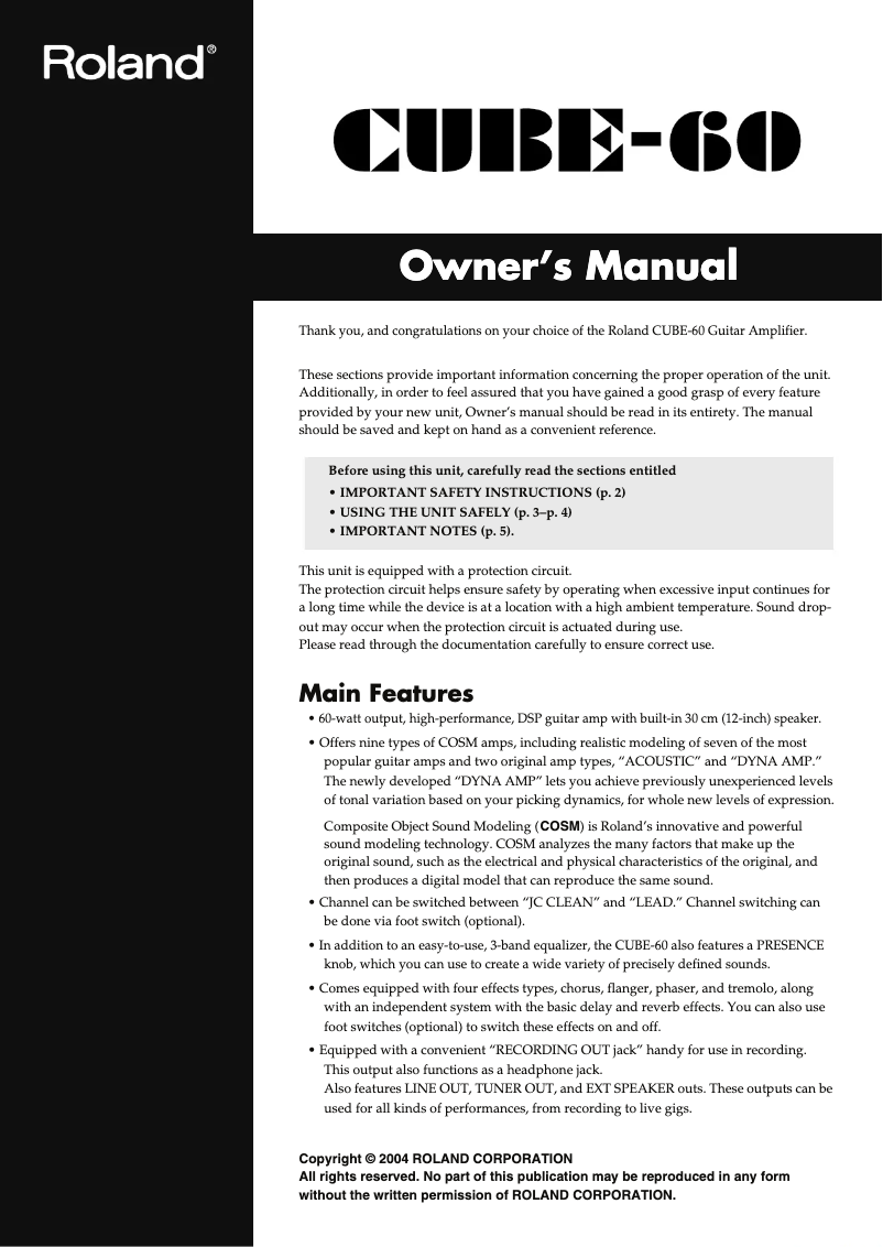 Page 1 de la notice Manuel utilisateur Roland CUBE-60