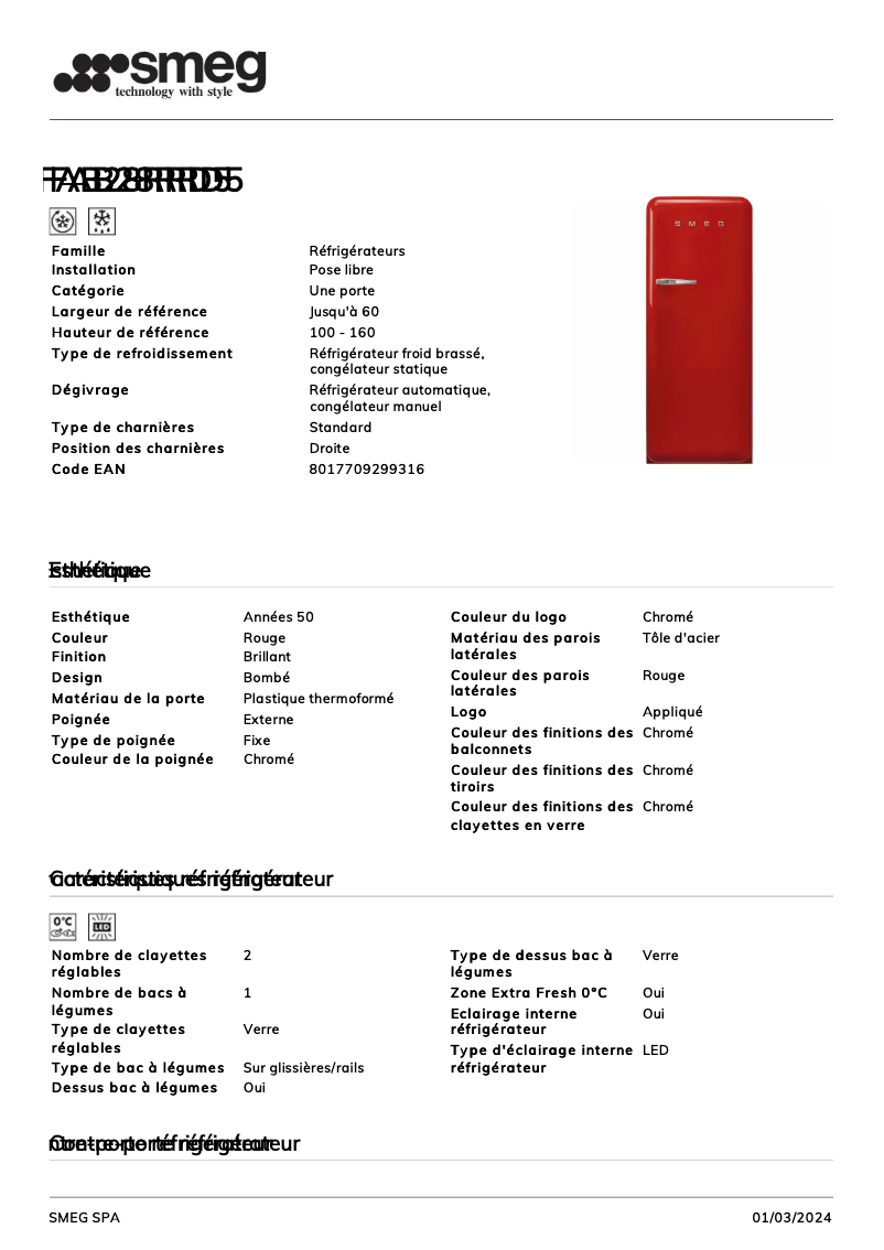 Page n°1 - Fiche technique Smeg FAB28RRD5