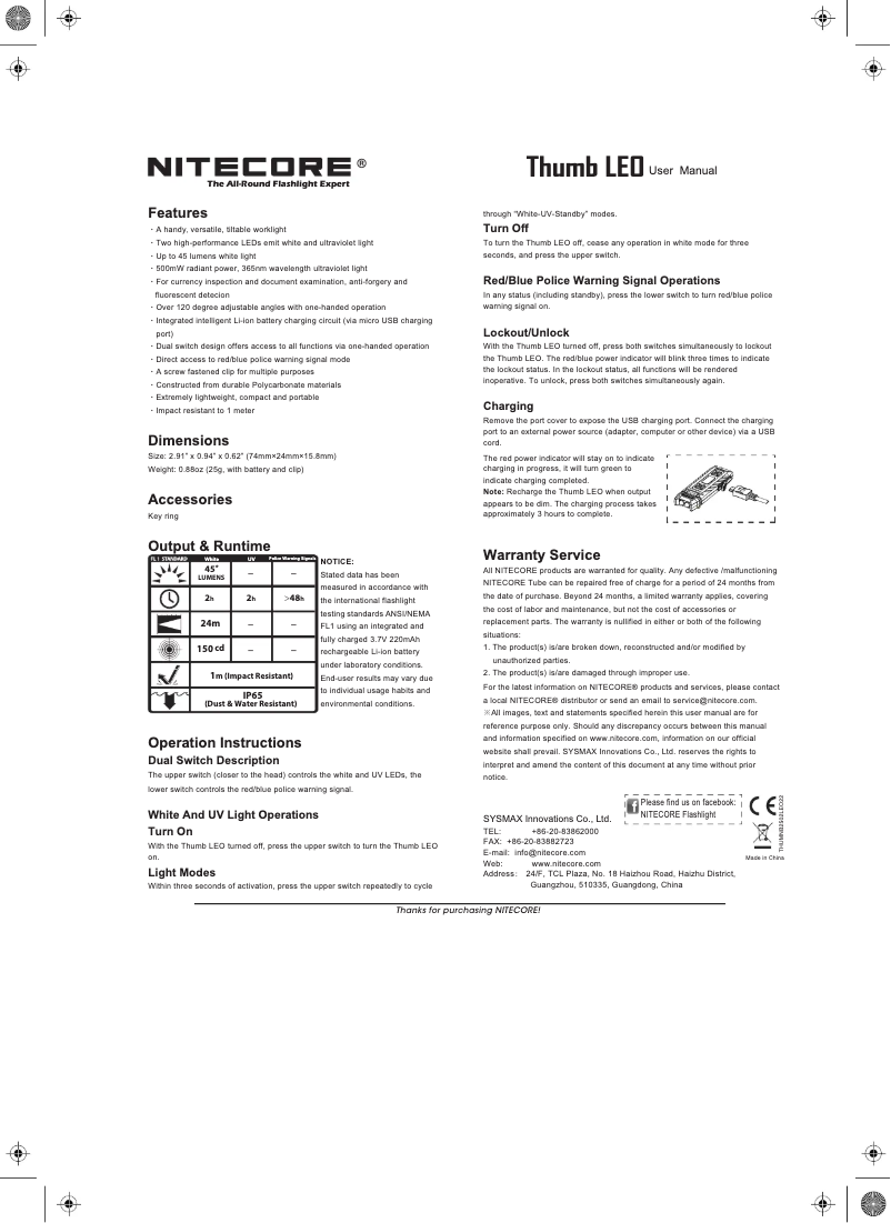 Page n°1 - Manuel utilisateur Nitecore Thumb LEO