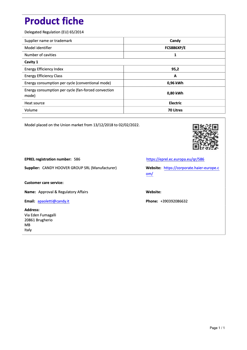 Page 1 de la notice Fiche technique Candy FCS886XP/E