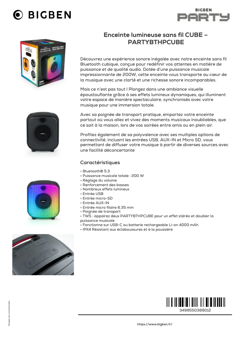 Page 1 of the manual Technical Sheet Bigben PARTYBTHPCUBE