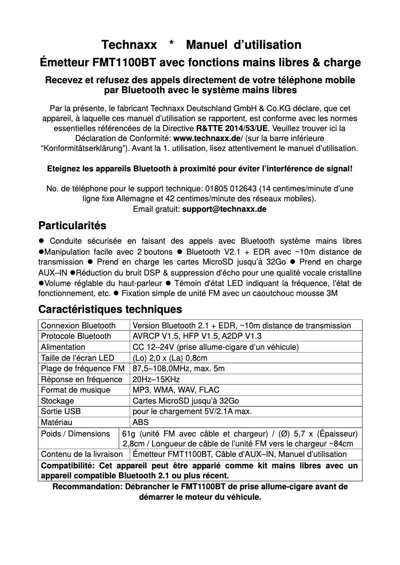 Page 1 de la notice Manuel utilisateur Technaxx FMT1100BT