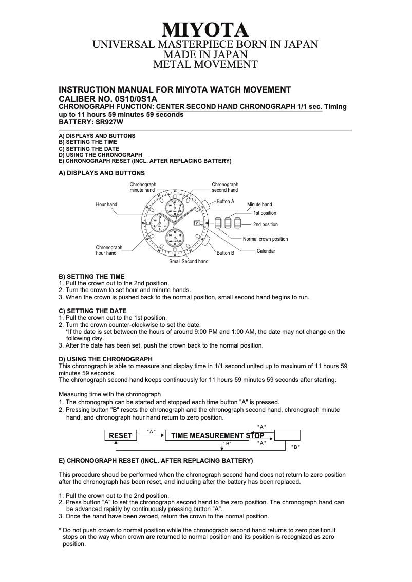 Page n°1 - Manuel utilisateur Miyota 0S1A