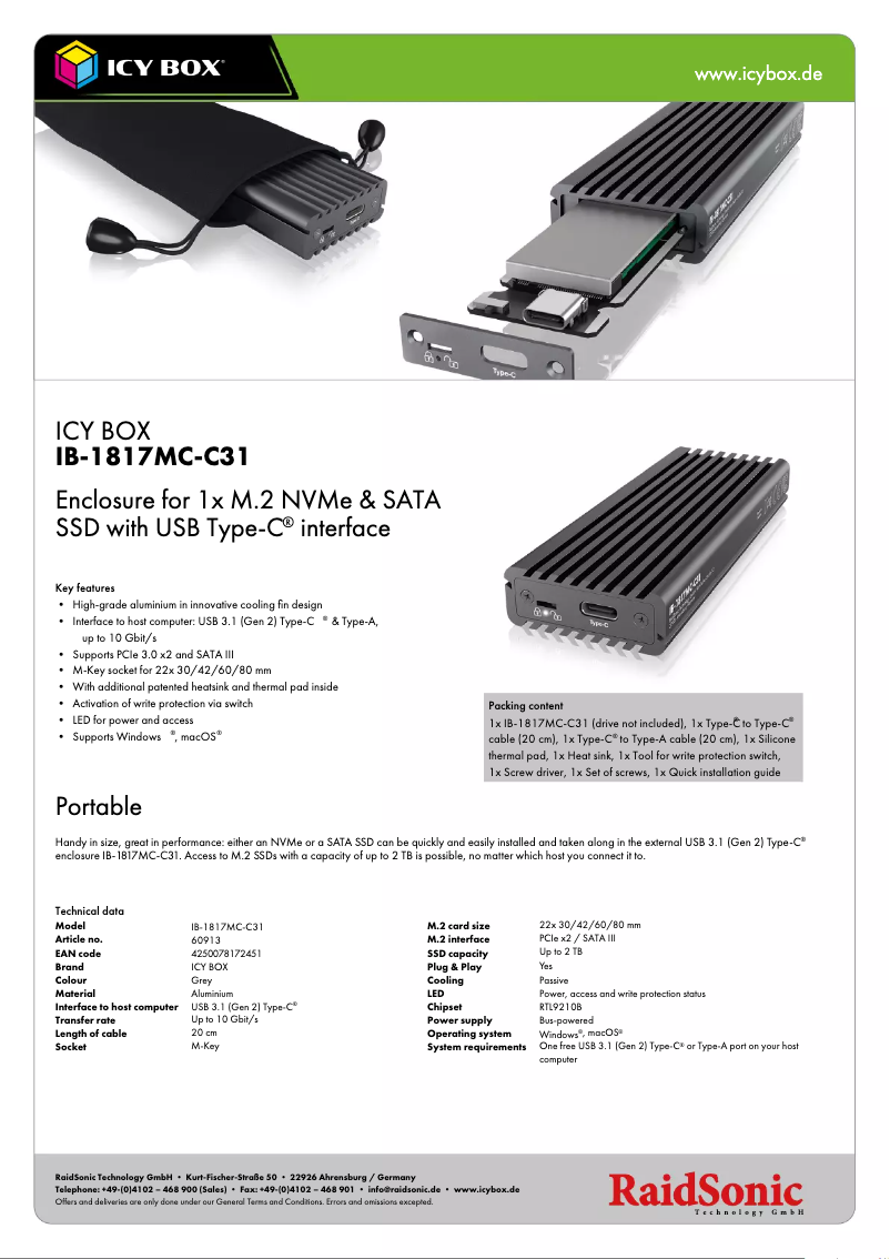 Page 1 de la notice Fiche technique Icy Box IB-1817MC-C31