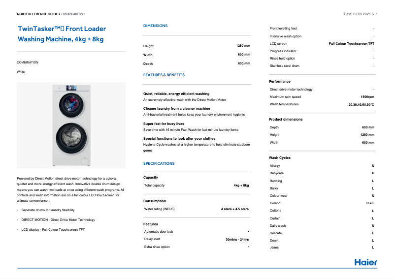 Page 1 de la notice Manuel utilisateur Haier TwinTasker HWX8040DW1