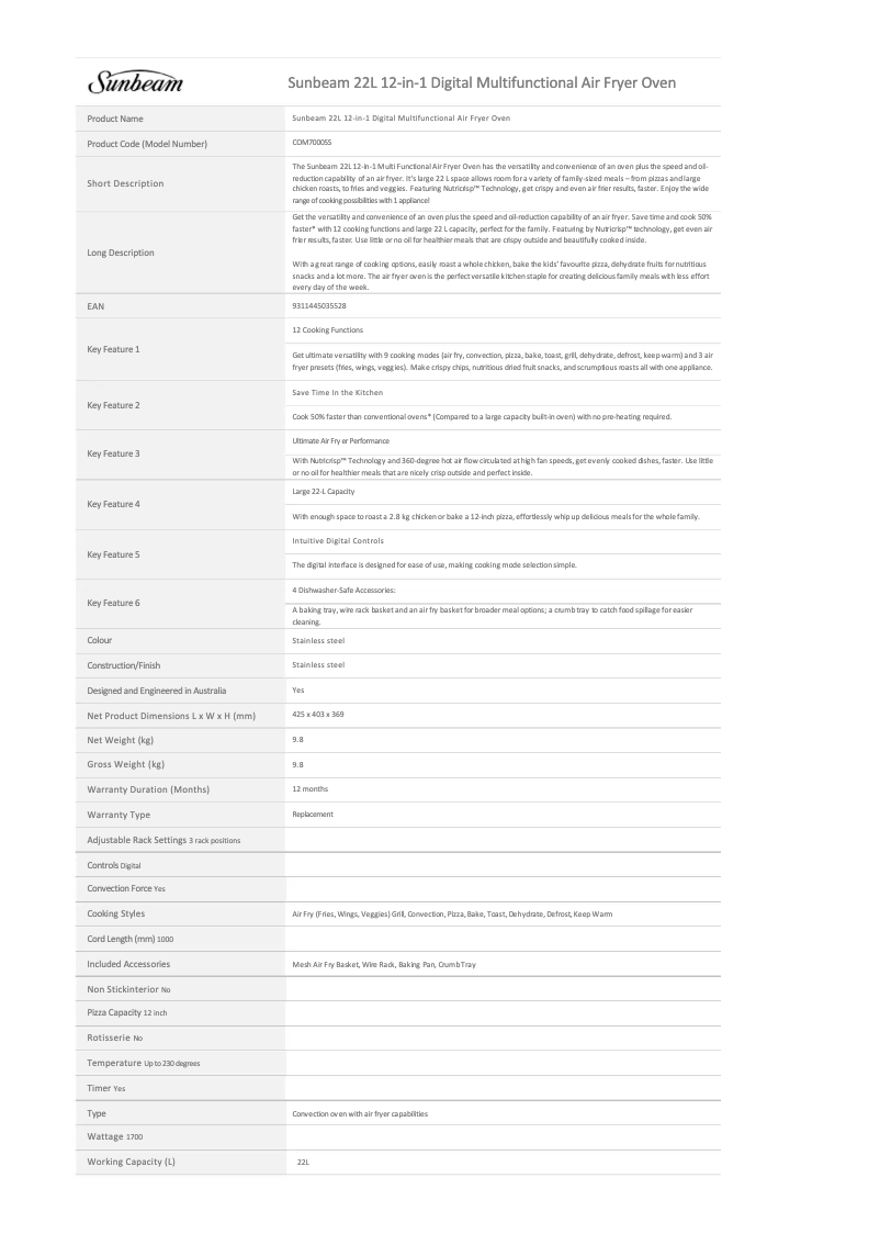 Página 1 del manual Ficha técnica Sunbeam COM7000SS