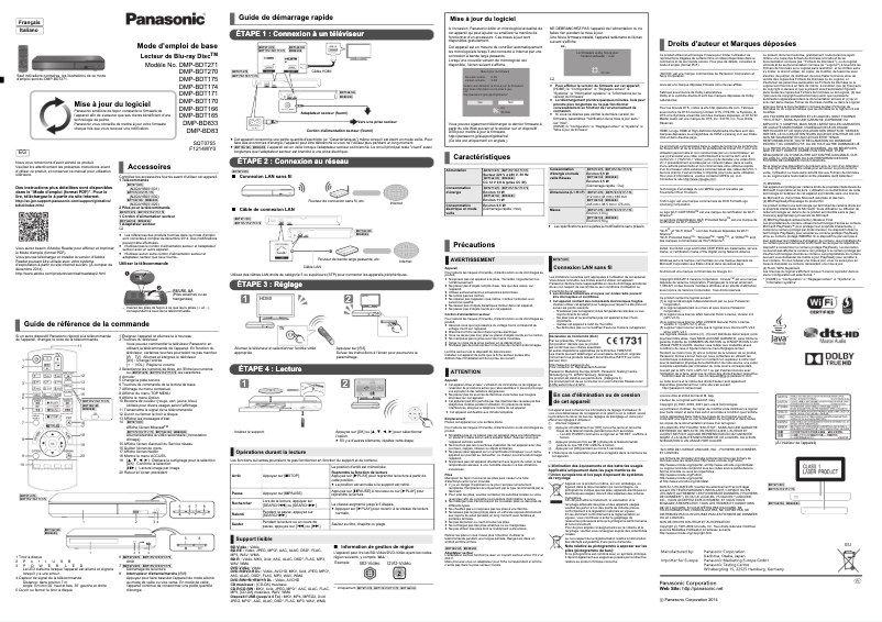 Page n°1 - Manuel utilisateur Panasonic DMP-BDT175