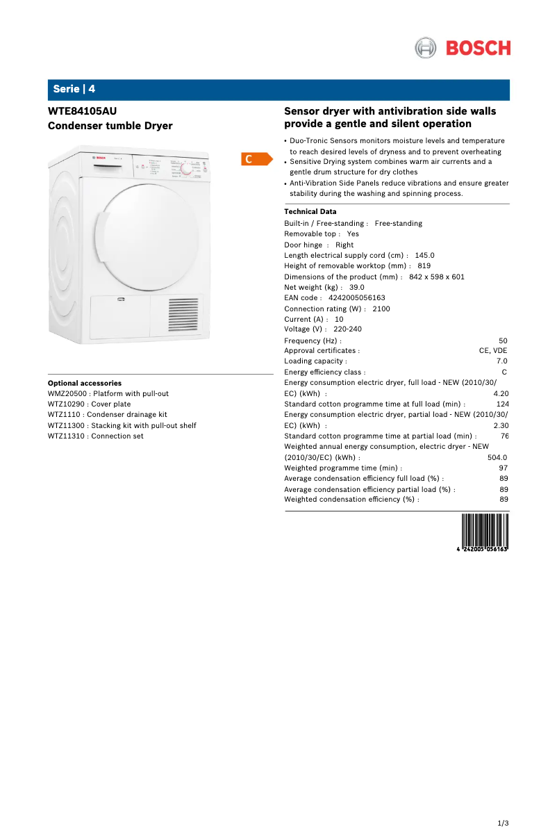 Image de la première page du manuel de l'appareil WTE84105AU