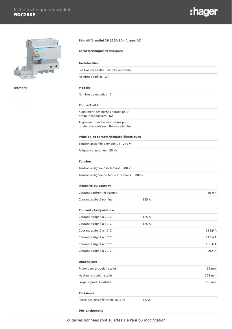 Page 1 de la notice Fiche technique Hager BDC280E