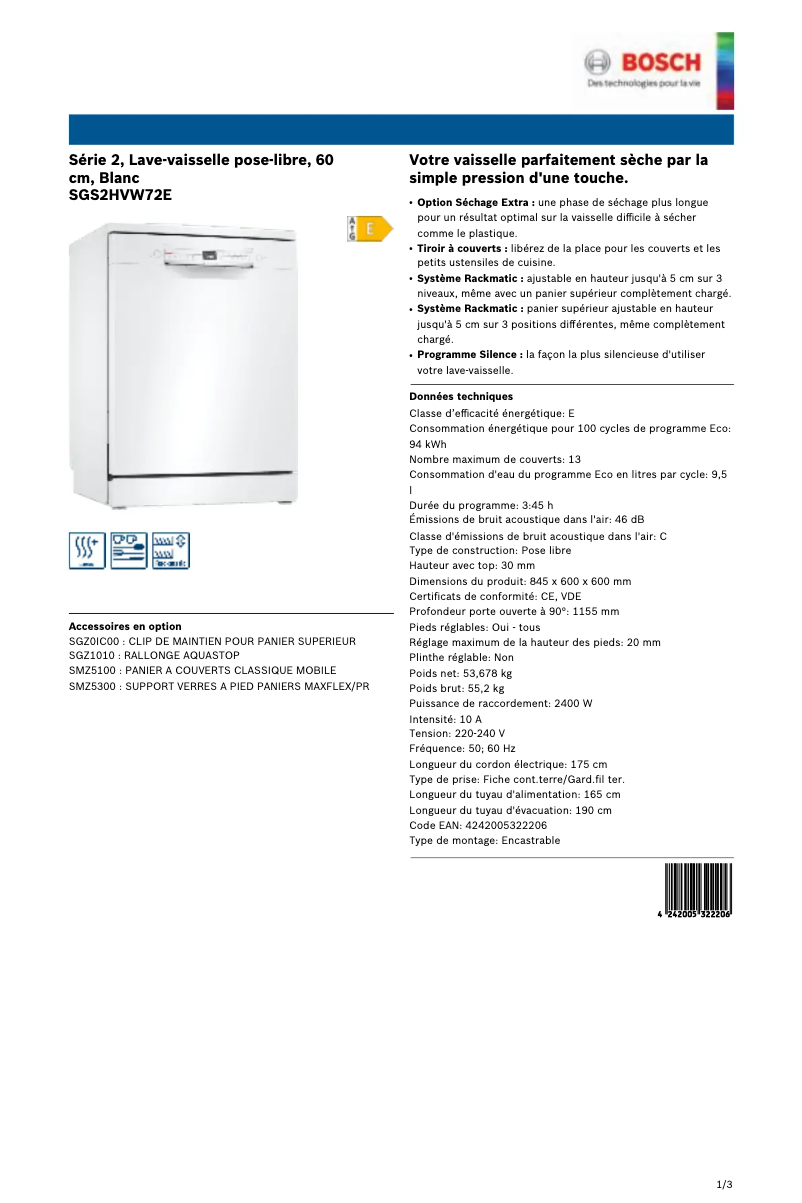 Page 1 de la notice Manuel utilisateur Bosch SGS2HVW72E