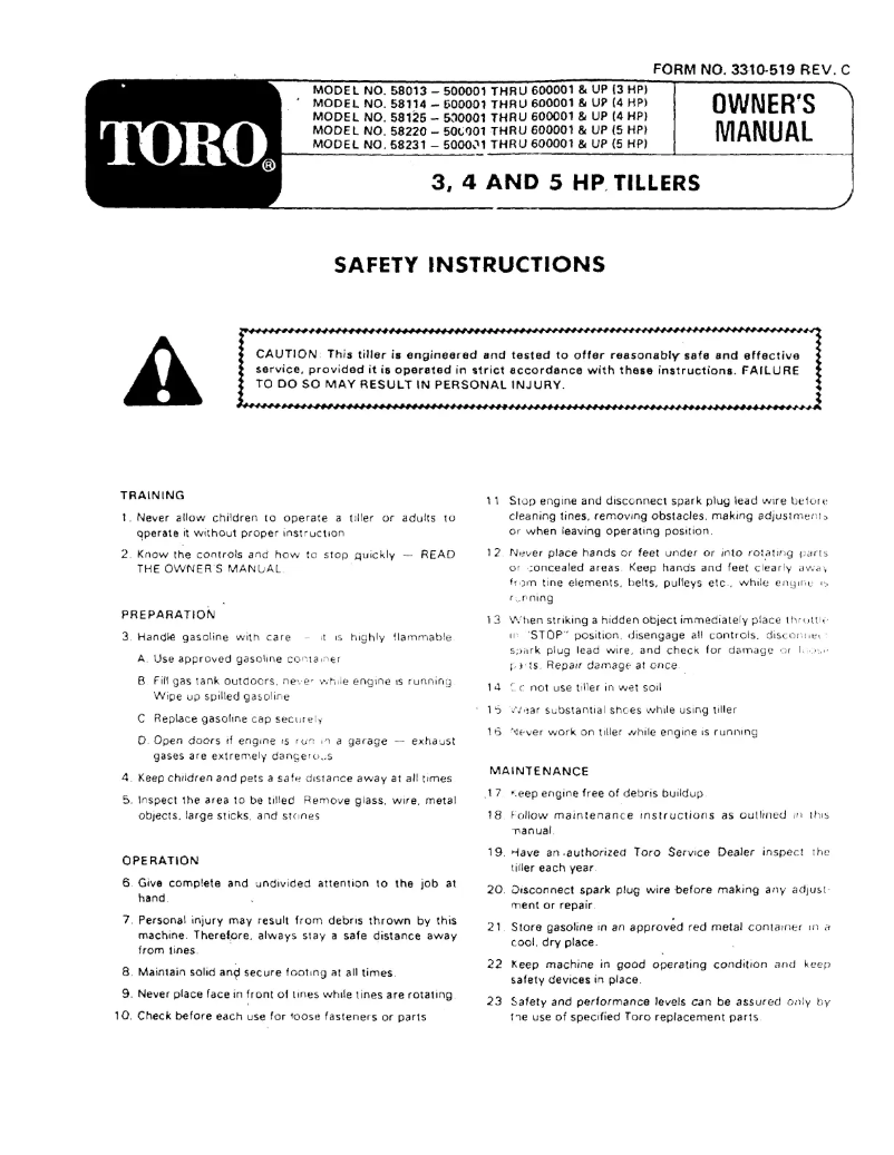 Page n°1 - Manuel utilisateur Toro 58231