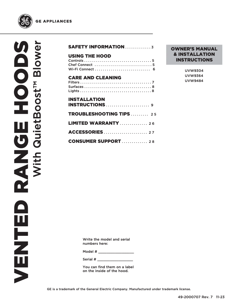 Page 1 de la notice Manuel d'utilisation et d'entretien GE CVW93044PWM