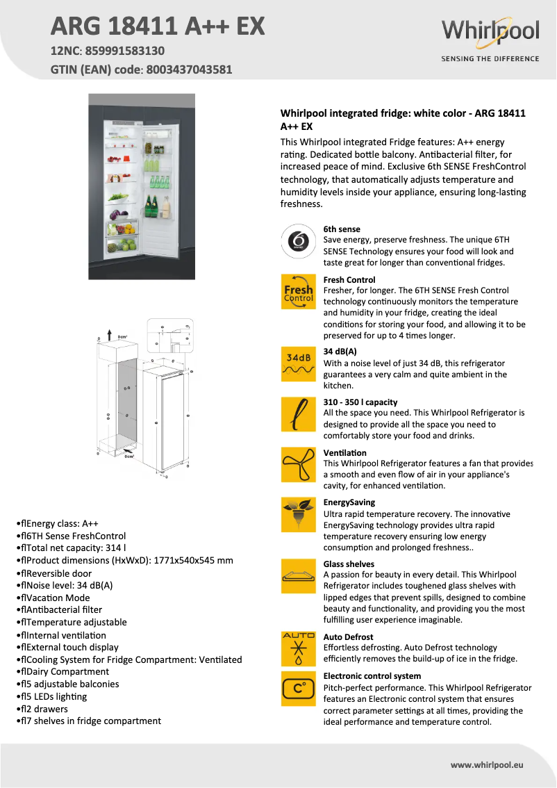Page 1 de la notice Fiche technique Whirlpool ARG 18411 A++