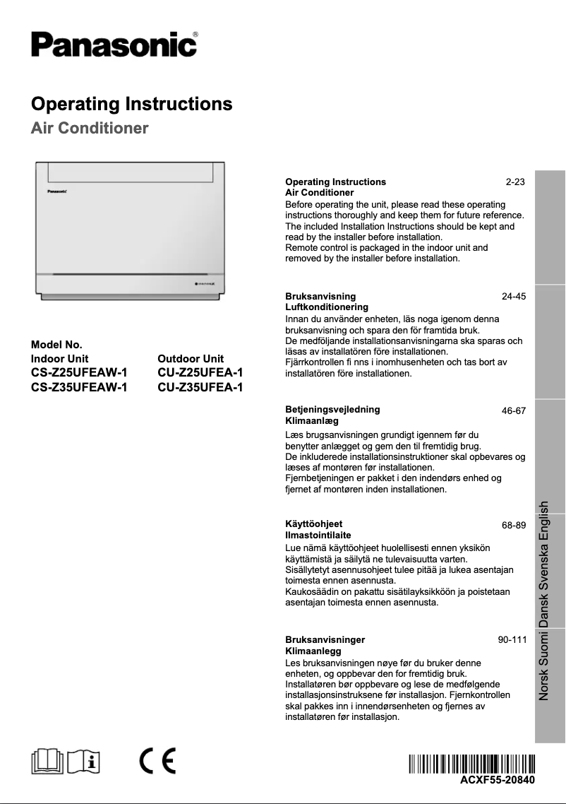Page n°1 - Manuel utilisateur Panasonic CS-Z25UFEAW-1