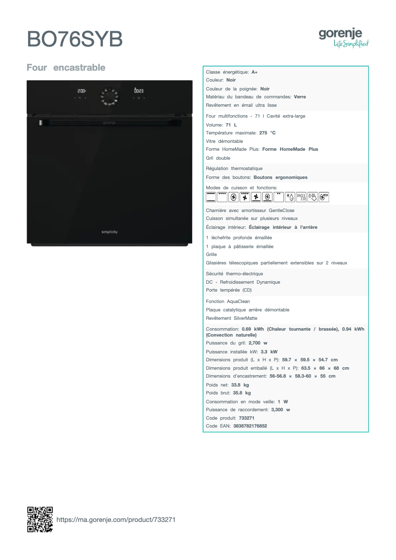 Page n°1 - Fiche technique Gorenje BO76SYB