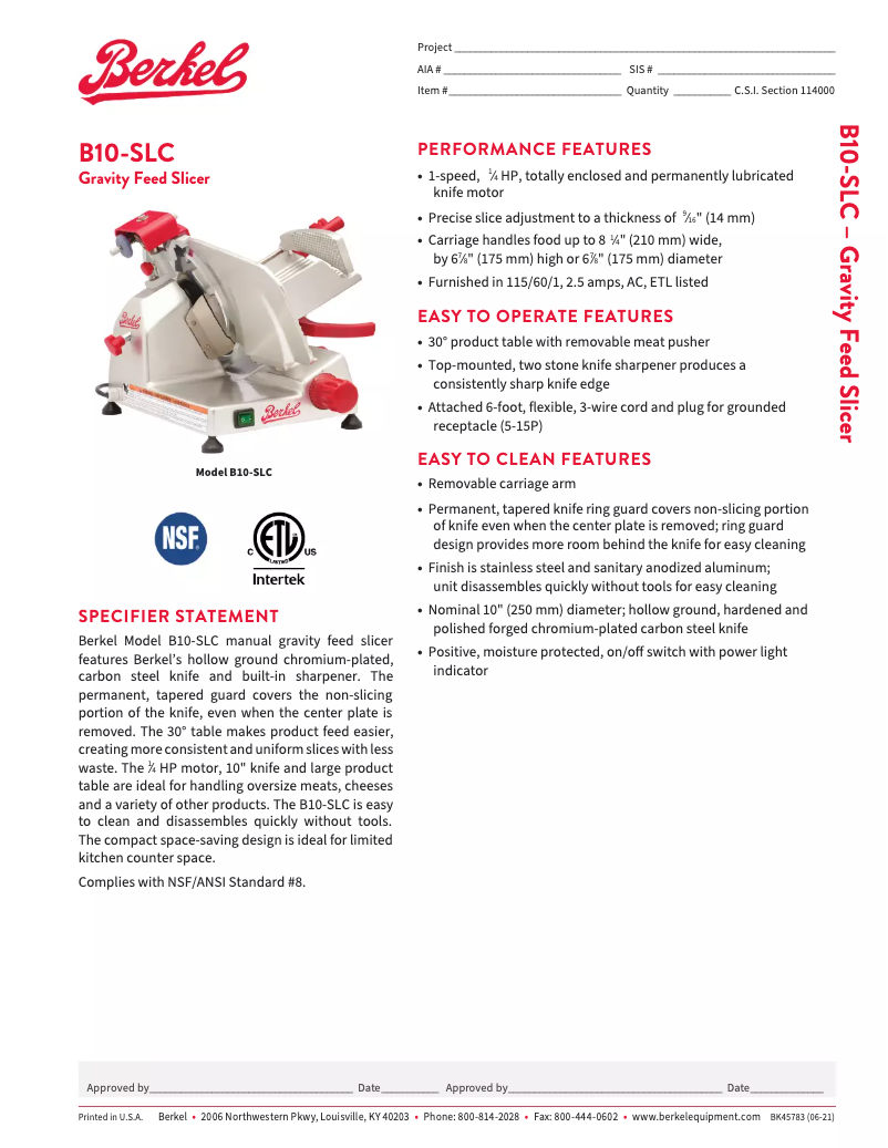 Page 1 de la notice Fiche technique Berkel B10-SLC