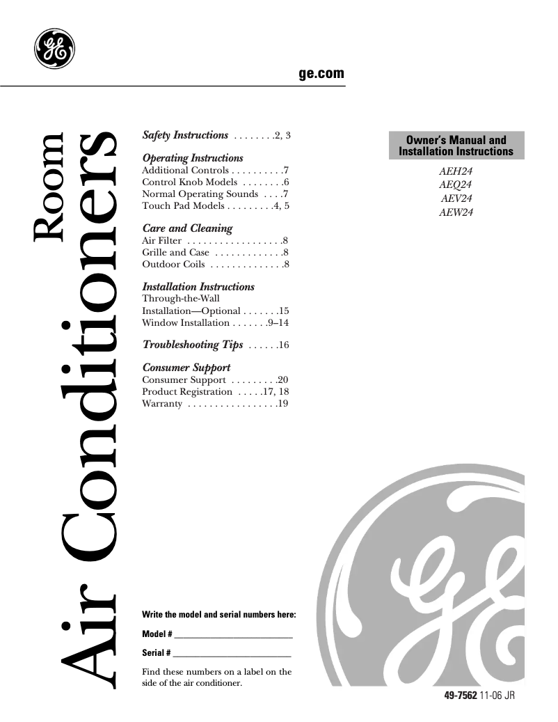 Page n°1 - Guide d'installation GE AEV24DK