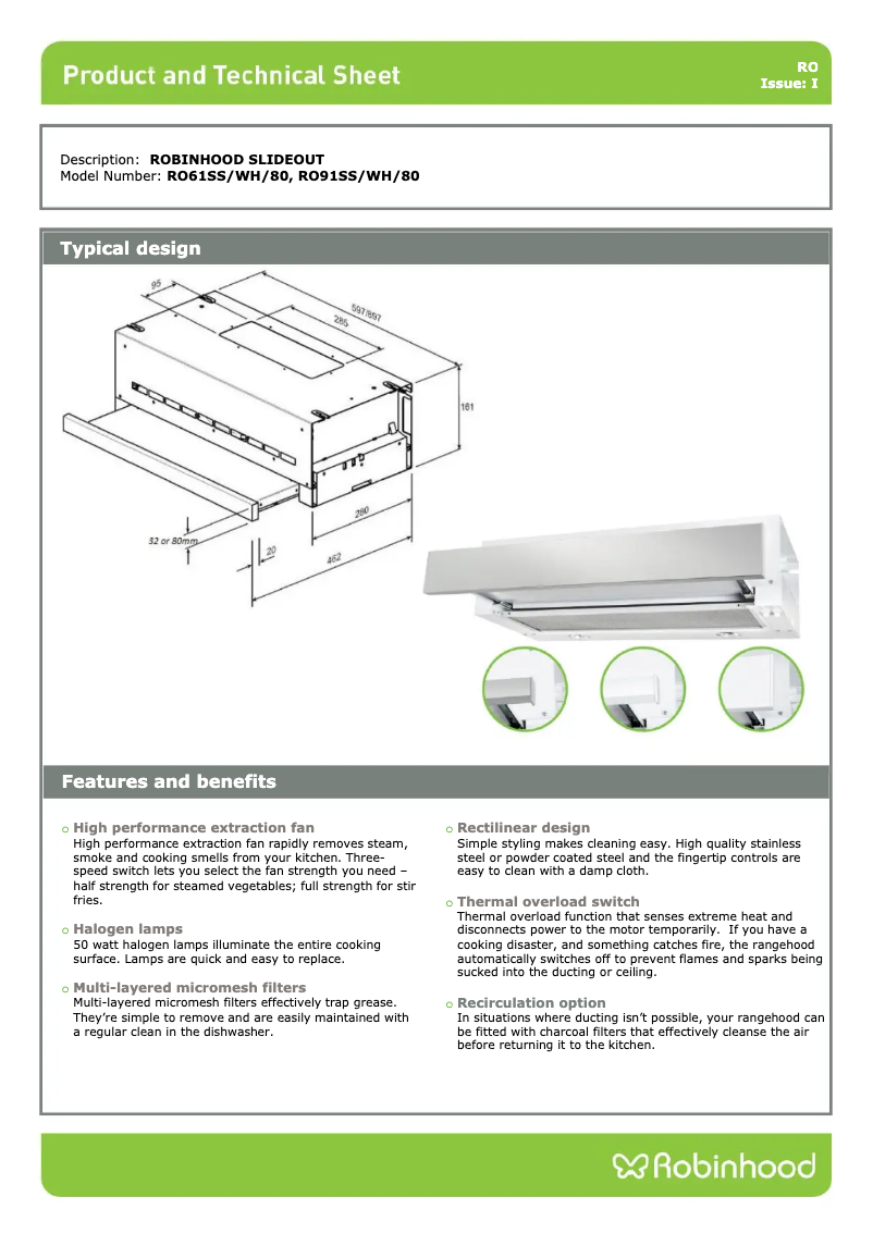 Página 1 del manual Ficha técnica Robinhood RO91SS/WH/80