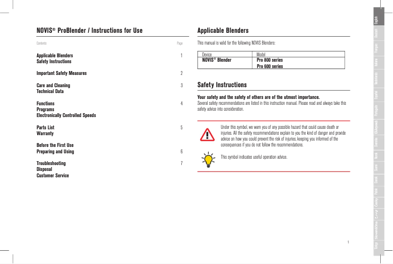 Page 1 de la notice Manuel utilisateur Novis ProBlender 650L