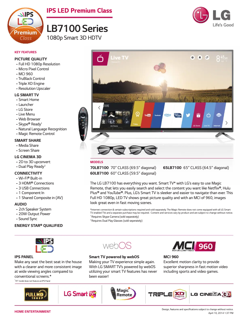 Página 1 del manual Ficha técnica LG 60LB7100