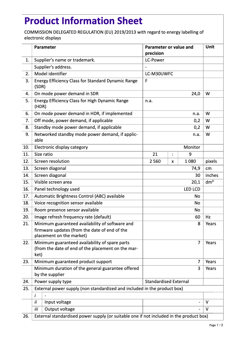 Page n°1 - Fiche technique LC-Power LC-M30UWFC
