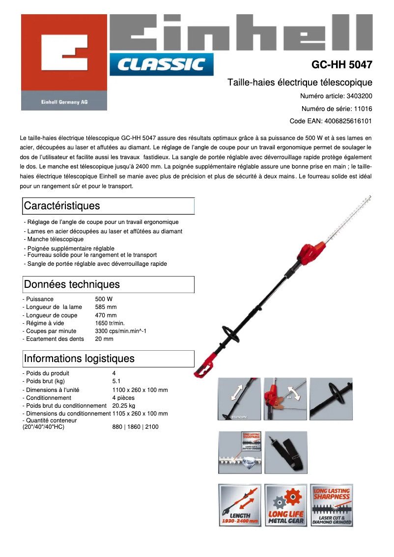 Page 1 de la notice Fiche technique Einhell GC-HH 5047