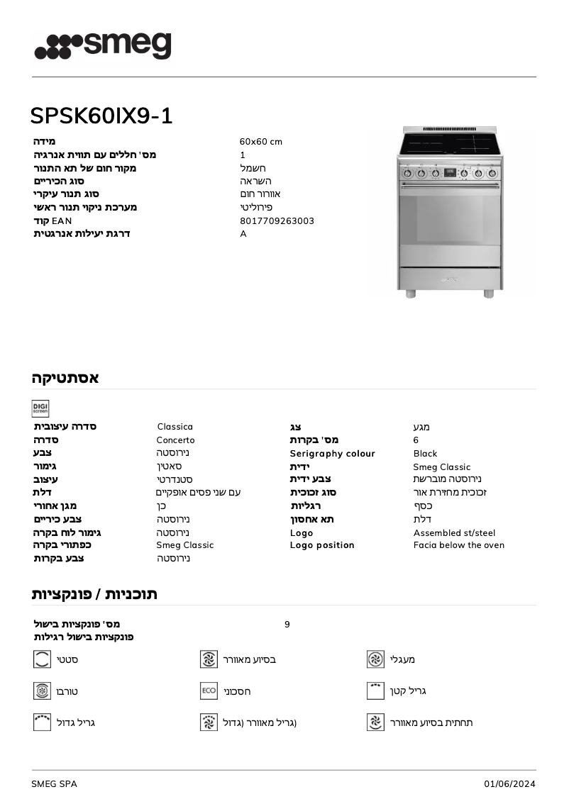 Page 1 de la notice Fiche technique Smeg SPSK60IX9-1