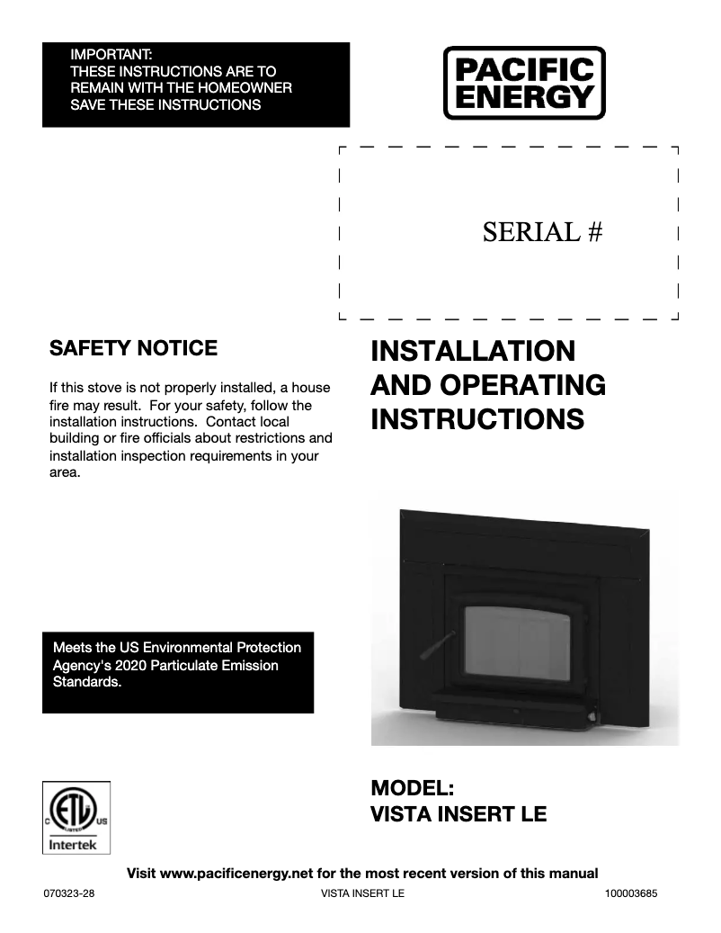 Page 1 de la notice Manuel utilisateur Pacific Energy Vista Insert LE