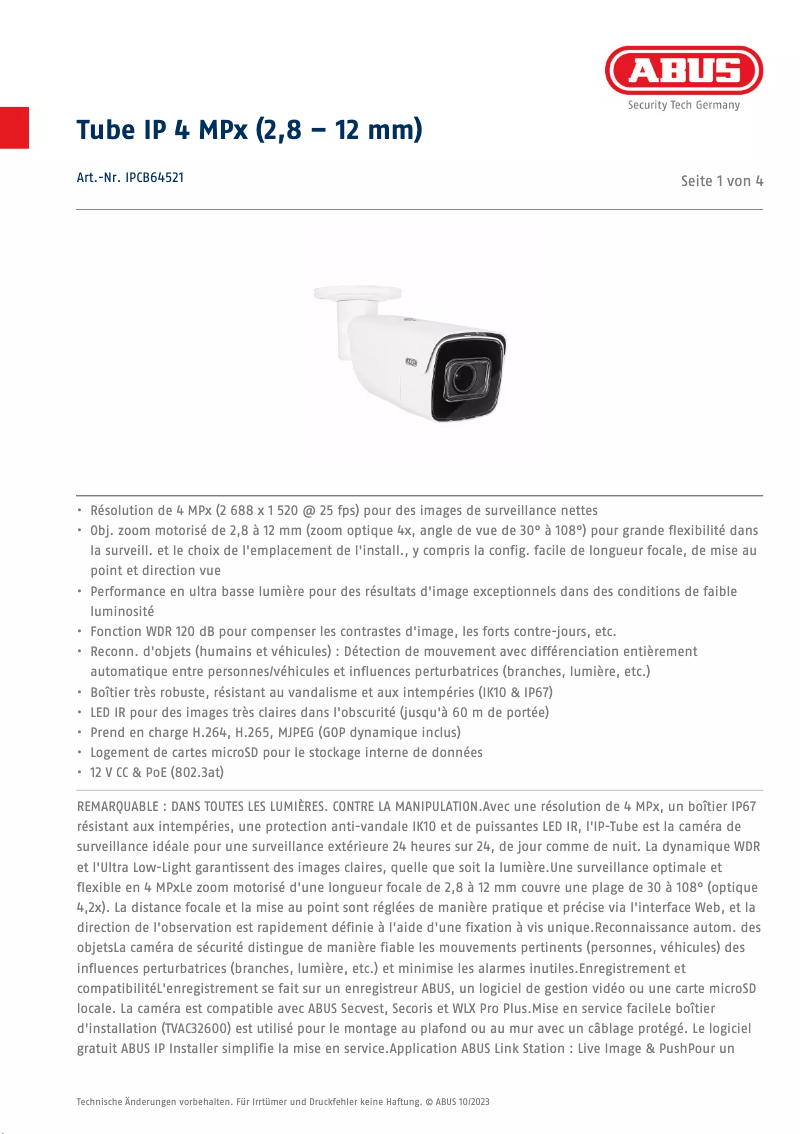 Page n°1 - Fiche technique Abus IPCB64521