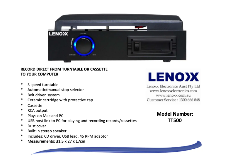 Page 1 de la notice Fiche technique Lenoxx TT500