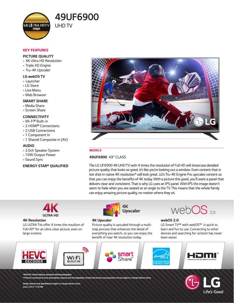 Página 1 del manual Ficha técnica LG 49UF6900