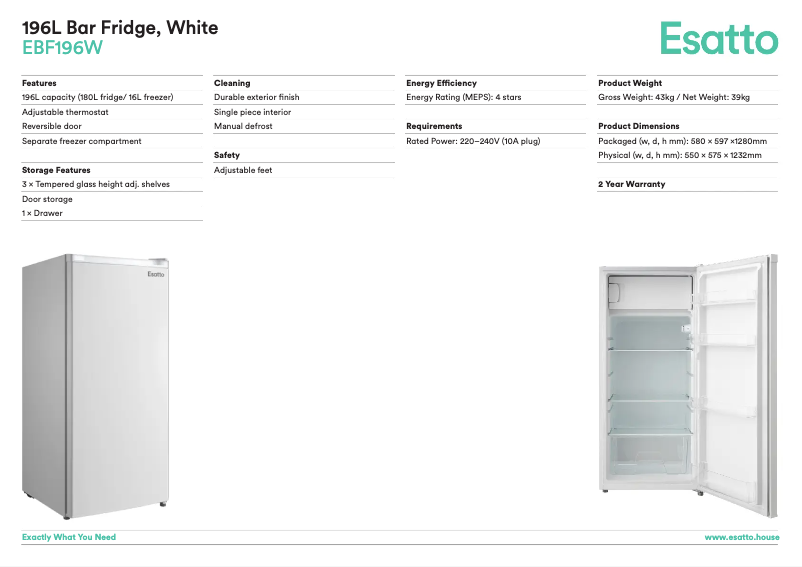 Page 1 de la notice Fiche technique Esatto EUF232WE