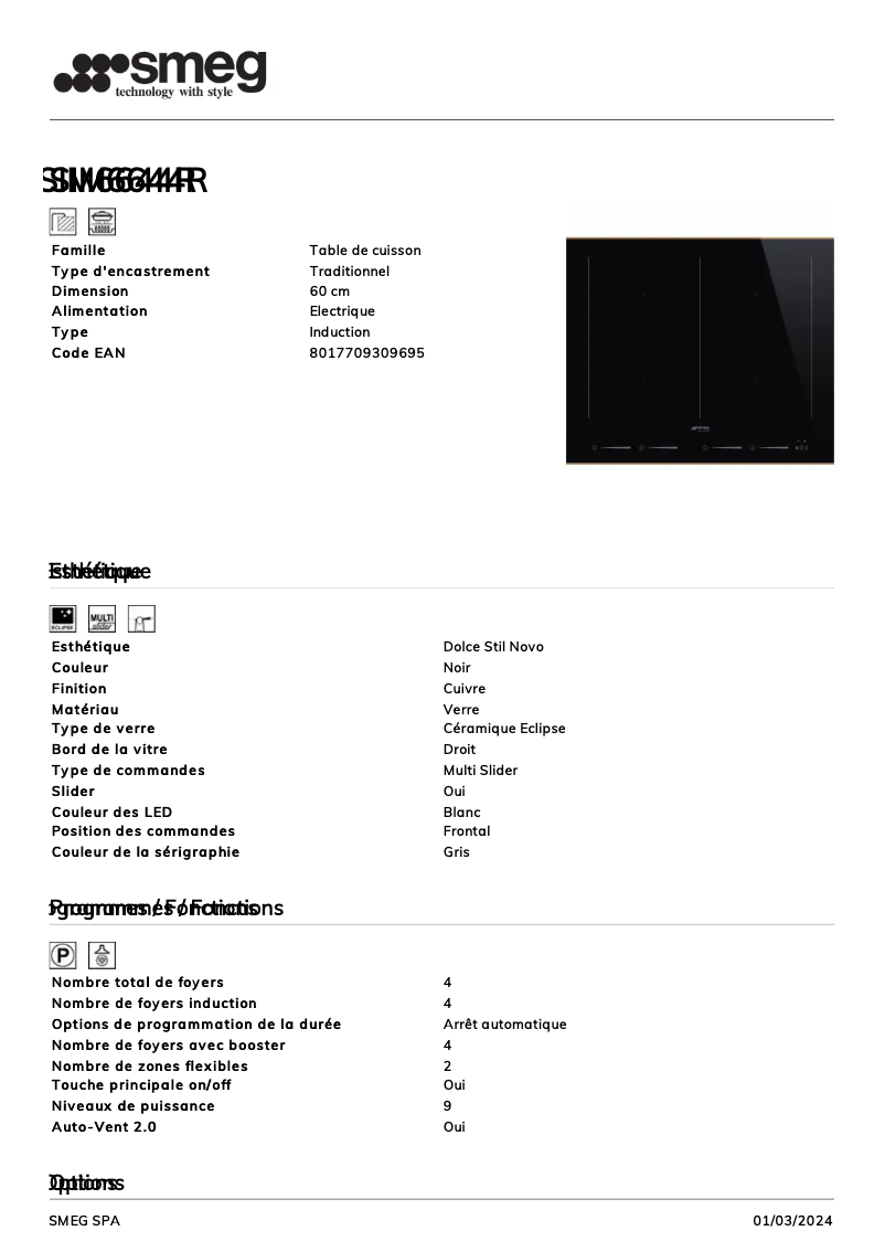Page 1 de la notice Fiche technique Smeg SIM6644R