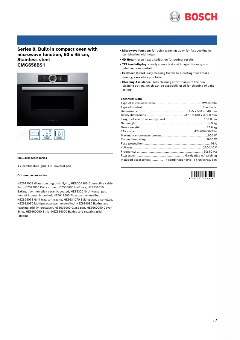 Page 1 de la notice Fiche technique Bosch CMG656BS1